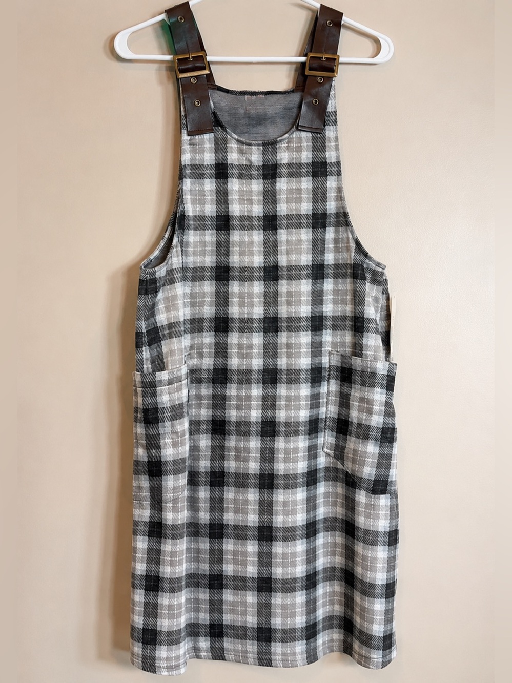 Gray Black Plaid Pinafore Mini Dress with Buckles